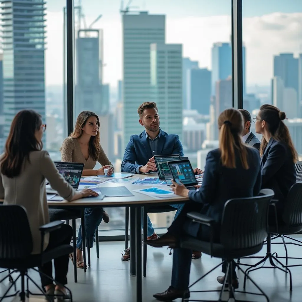 Equipo de consultoría financiera en reunión estratégica
